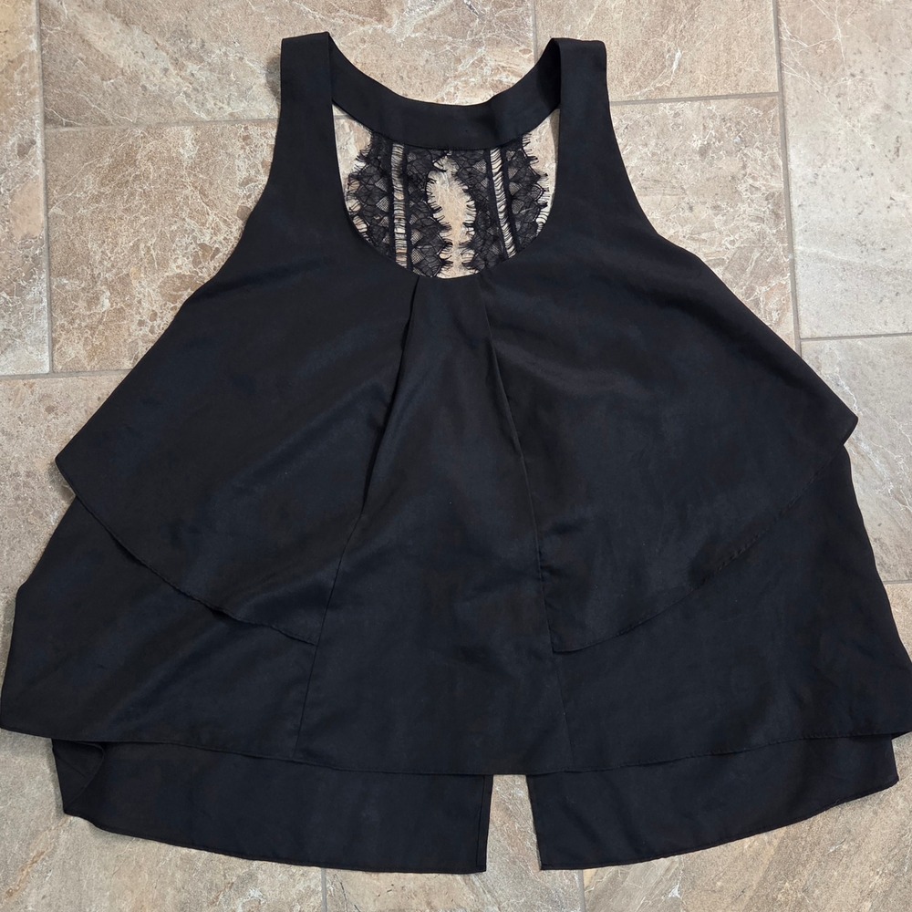 BCBGeneration Womens Black Lace Back Tiered Layered Sleeveless Tank Top Blouse L